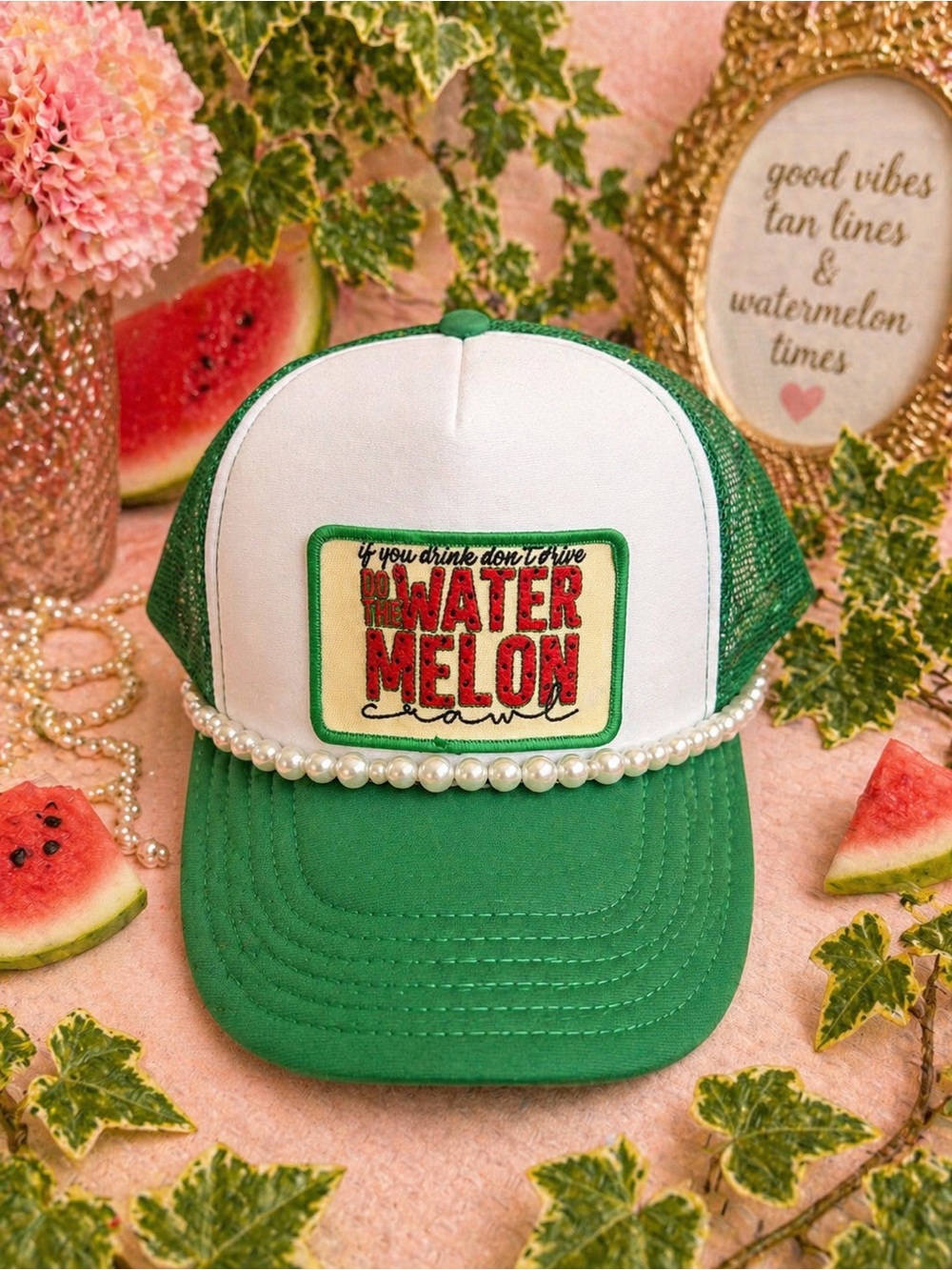Watermelon Patch Trucker Hat in Green & White